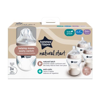 Poškozený obal - Tommee Tippee Natural Start samosterilizační kojenecká lahev s ANTI-COLIC savičkou, pomalý průtok, 260 ml, 0m+, 3 ks