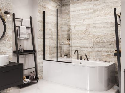 Vanová zástěna PRIME 2 BARVA rámu - Černá, Rozměr A - 90 cm, Směr zavírání - Univerzální Levé / Pravé, Výplň - Čiré bezpečnostní sklo - 5 mm