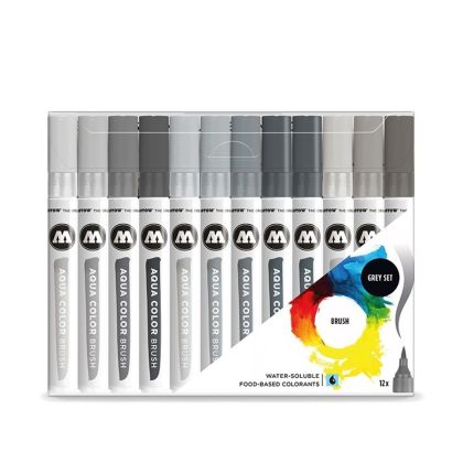 Molotow AQUA COLOR BRUSH fixy, Grey Set 12 ks