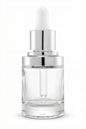 30 ml skleněná lahvička LADYS - čirá se stříbrným detailem, 20/410 + pipeta bílo-stříbrná