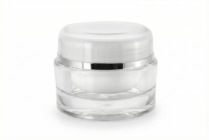 30 ml akrylový kelímek bílý se stříbrným proužkem, bílé víčko + PP mezivíčko