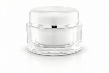 50 ml akrylový kelímek bílý se stříbrným proužkem, bílé víčko + PP mezivíčko