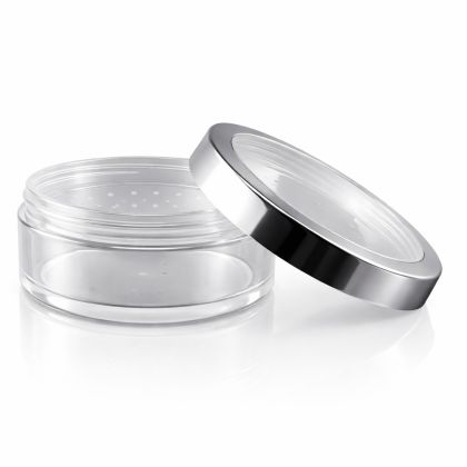 30 ml plastový kelímek na pudr čirý se stříbrným víčkem 