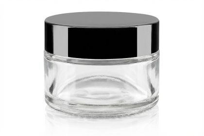 30 ml Skleněný kelímek S0288 transparentní sklo, černé víčko + PP mezivíčko