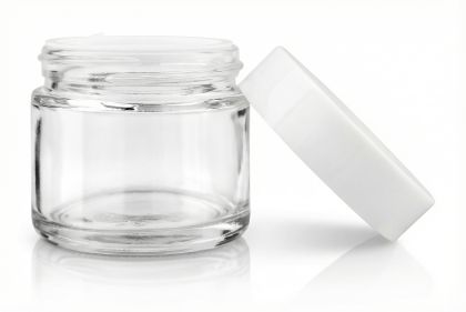 50 ml Skleněný kelímek NELI S0208 čiré sklo, bílé víčko + PP mezivíčko 