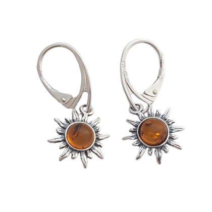 Stříbrné náušnice s jantarem – sluneční plamen