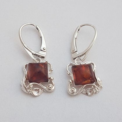 Jantarové náušnice visací ve tvaru čtverce