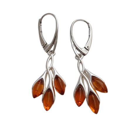 Stříbrné náušnice s jantary – jantarová ratolest