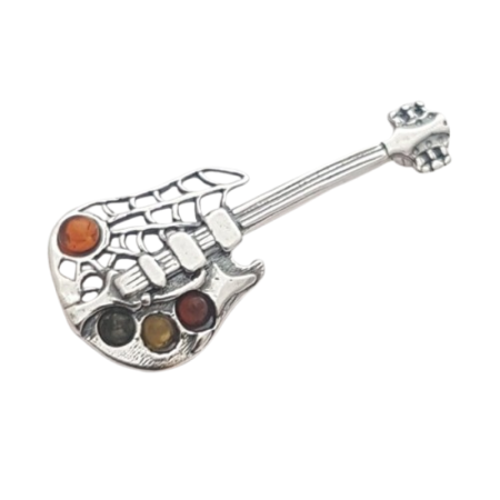 Brož kytara s jantarem