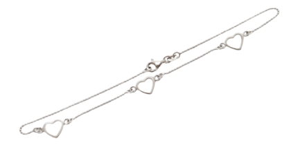 Stříbrný náramek na nohu se třemi srdíčky