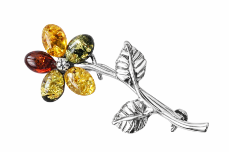 Stříbrná brož s přírodním jantarem – květ