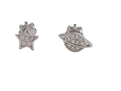 Stříbrné náušnice planetka a hvězdička se zirkony, zapínání na šroubek