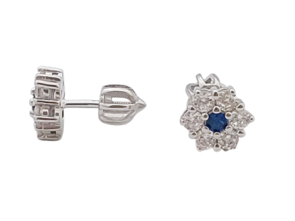 Stříbrné náušnice kytičky se syntetickým safírem, zapínání na šroubek