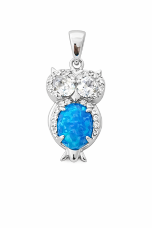 Stříbrný přívěsek Sova s modrým opálem a zirkony – symbol moudrosti, ochrany a vnitřního klidu