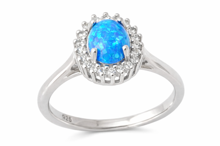 Stříbrný prsten s oválným modrým opálem a halo zirkony - královsky modrý třpyt s jemným halo leskem ve velikostech 57, 62