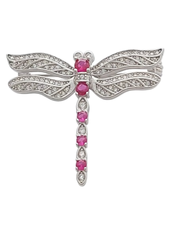 Stříbrná brož vážka s červenými zirkony