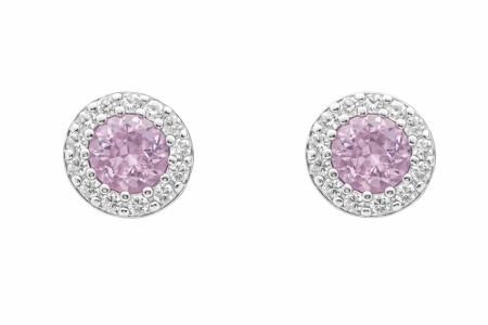 Stříbrné peckové náušnice s růžovým zirkonem – jemná halo elegance