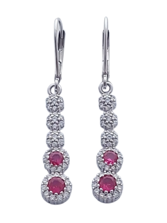 Stříbrné náušnice se zirkony ve tvaru kuličky spolu se zirkony rubínové barvy, visací