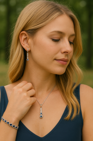 Stříbrný set královský náušnice, přívěsek a náramek s tmavomodrými zirkony - nadčasová elegance