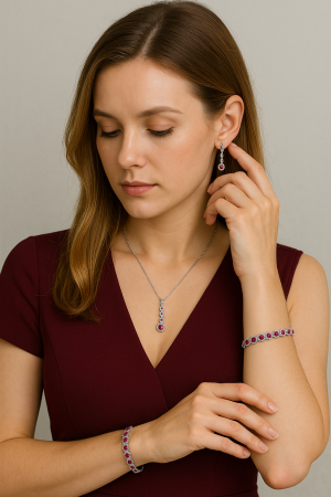 Stříbrný set královský náušnice, přívěsek a náramek s červenými zirkony