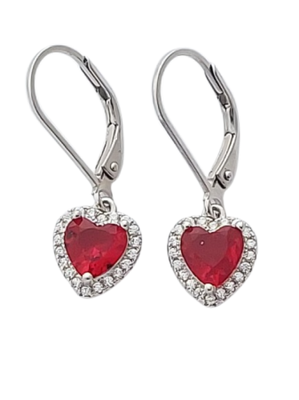 Stříbrné náušnice s červeným srdcem – zirkonové