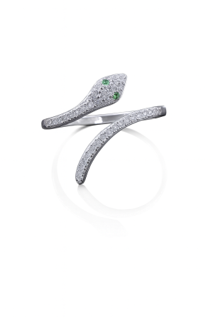 Luxusní hadí prsten se zirkony a zelenými očky – elegantní design ve stříbře - ve velikostech 56, 60