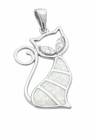 Stříbrný přívěsek kočka s bílým opálem – symbol jemnosti, intuice a ochrany