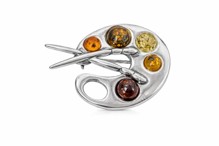 Stříbrná brož s přírodním jantarem – malířská paleta