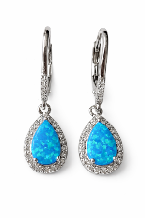 Stříbrné náušnice s modrým opálem a zirkony – královská kapka oceánu