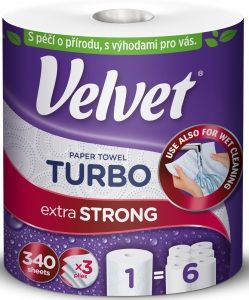 Velvet Turbo papírové kuchyňské utěrky 3 vrstvé 340 útržků 75,82 m 1 role