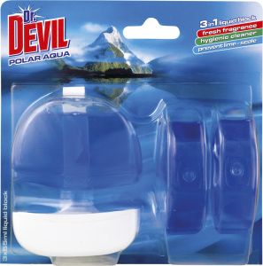 Dr. Devil 3v1 Polar Aqua tekutý WC blok, košíček + náplň 3× 55 ml