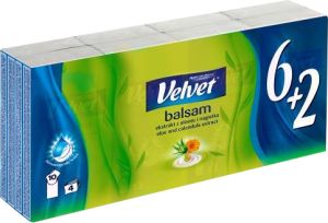 Velvet Balsam 4vrstvé papírové kapesníčky, 8× 10 ks