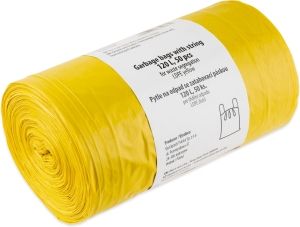 Quickpack žluté zatahovací pytle na odpad, 55× 100 cm, 28 µm, 120 l, 50 ks