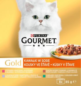 Purina Gourmet Gold pro kočky, kachna s olivami, pstruh se zeleninou, králík s mrkví, telecí, 8x85 g