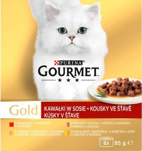 Purina Gourmet Gold pro kočky, hovězí, krůta s kachnou, losos s kuřetem, kuře s játry, 8x85 g